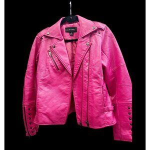 GORGEOUS COLLEEN LOPEZ BRIGHT PINK FAUX LEATHER MOTO BIKER JACKET - SIZE XS.